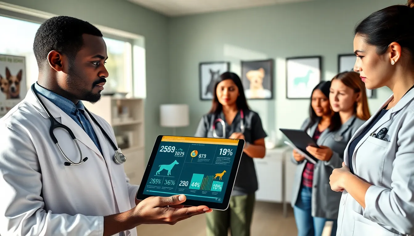veterinary team discussing dog aggression in a modern office.